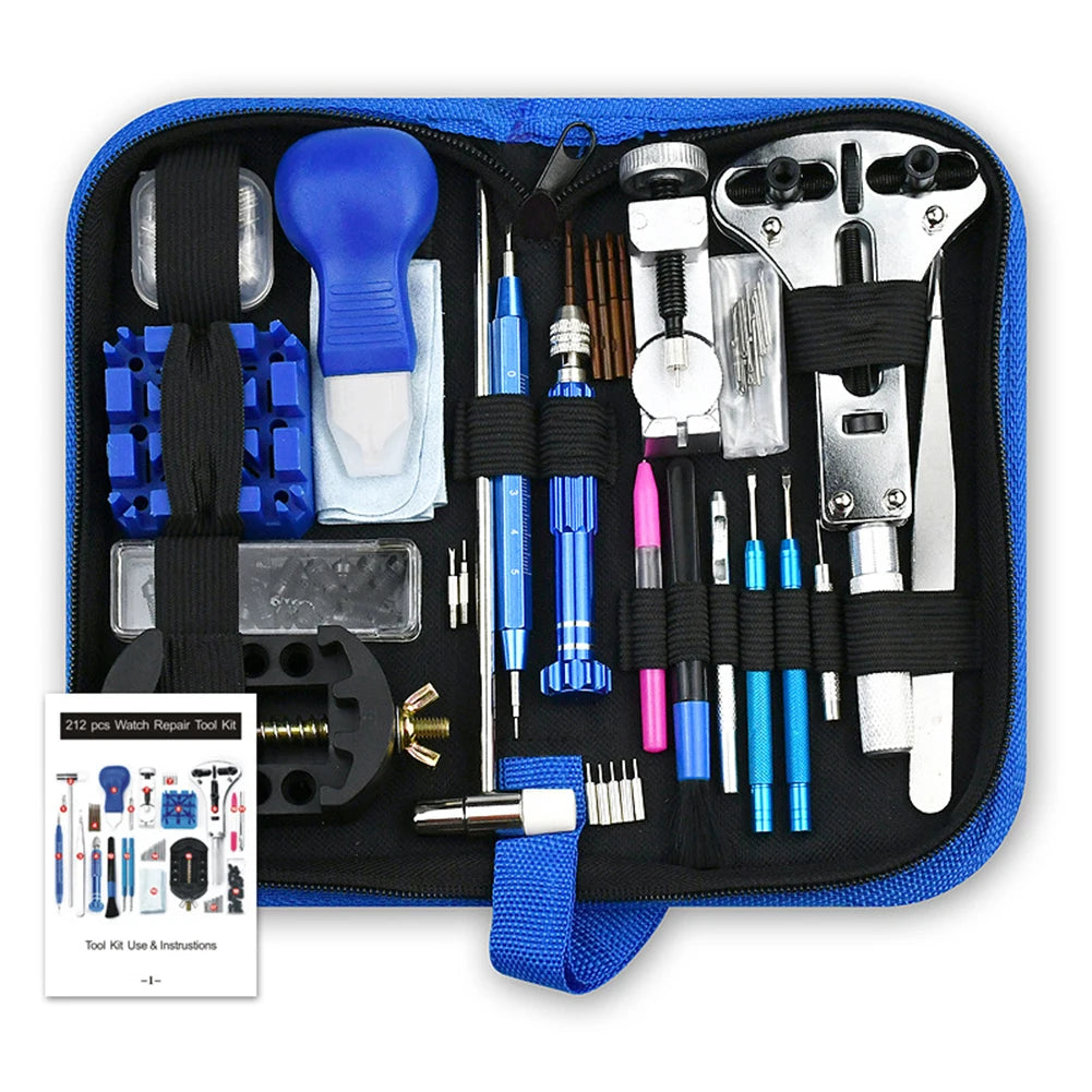 212PCS Watch Repair Tool Kit – Professional Clock & Watchmaker Opening Set with Screwdriver, Hammer, Pry Knife & Band Link Tools