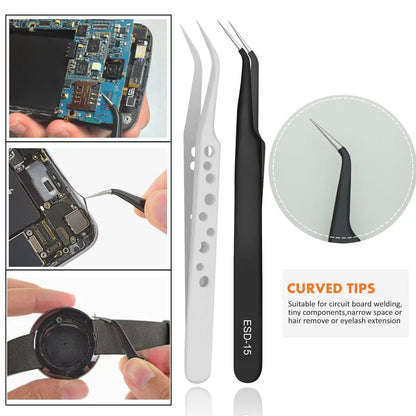 9Pcs Stainless Steel Anti-Static Precision Tweezers Set – Electronic & Mobile Phone Repair Hand Tools Kit