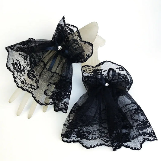 Women's Lace Wrist Cuff Bracelets - Short Arm Sleeves, Gothic Fingerless Gloves with Bowknot, Fashionable Solid Black & White