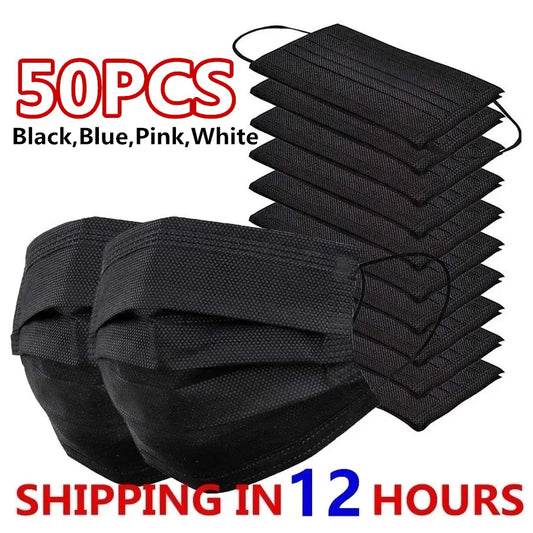 3 Layer Disposable Face Masks – Anti-Dust Protective Masks with Melt Blown Cloth, Earloops, Black Mascarillas
