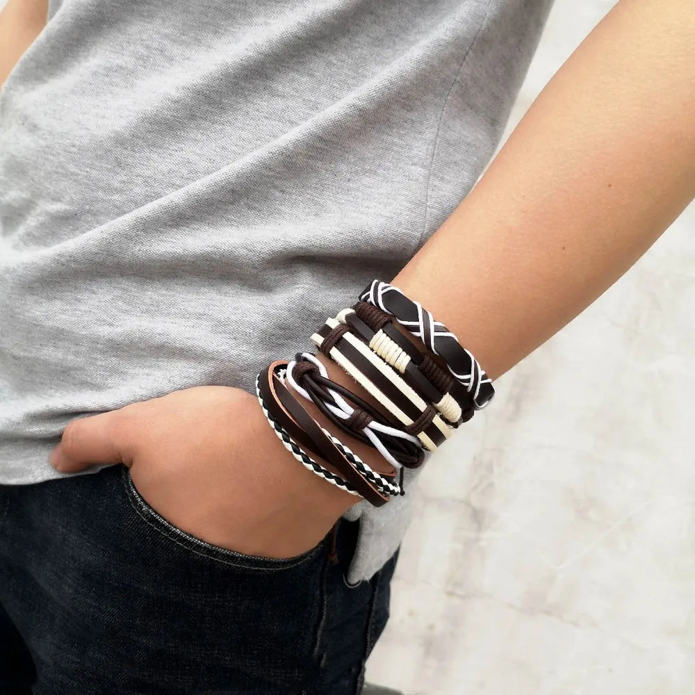 Men's Vintage Multilayer Leather Braid Bracelet - Handmade Star, Leaf & Owl Rope Wrap Bangle, Male Gift Jewelry