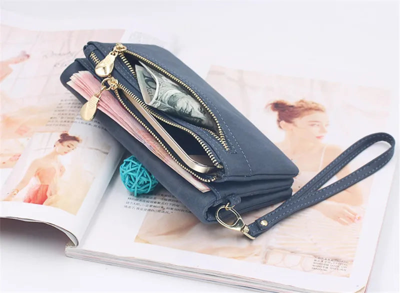 Large Capacity Women's Wallet – Dull Polish Leather, Double Zipper Clutch Wristlet with Phone, Coin & Card Holder Pockets