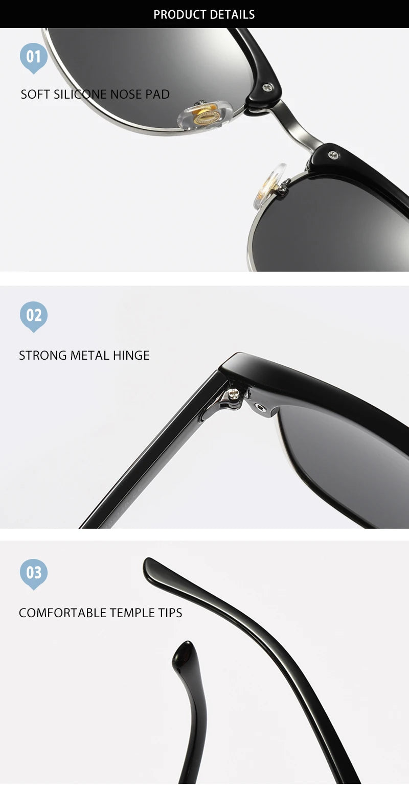 Classic Half Frame Polarized Sunglasses – Retro Rivet Design for Men & Women, Anti-Glare Black Travelling Shades