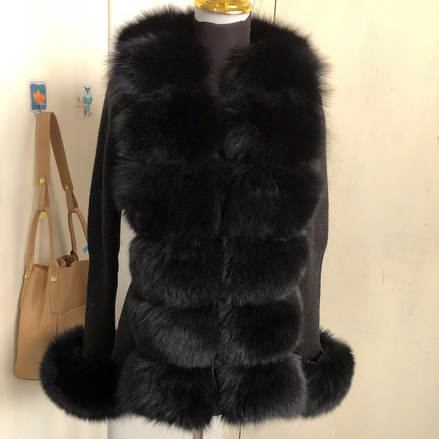 Women’s Spring & Autumn Sweater Cardigan – Real Fox Fur Collar Jacket, Natural Fur Outerwear