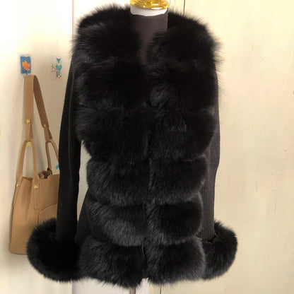 Women’s Spring & Autumn Sweater Cardigan – Real Fox Fur Collar Jacket, Natural Fur Outerwear