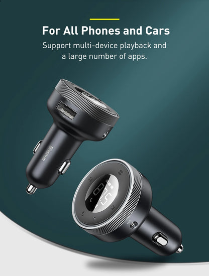 Baseus Bluetooth 5.0 FM Transmitter – Wireless Car Kit with USB Fast Charger, AUX, MP3 Player & Hands-Free Calling