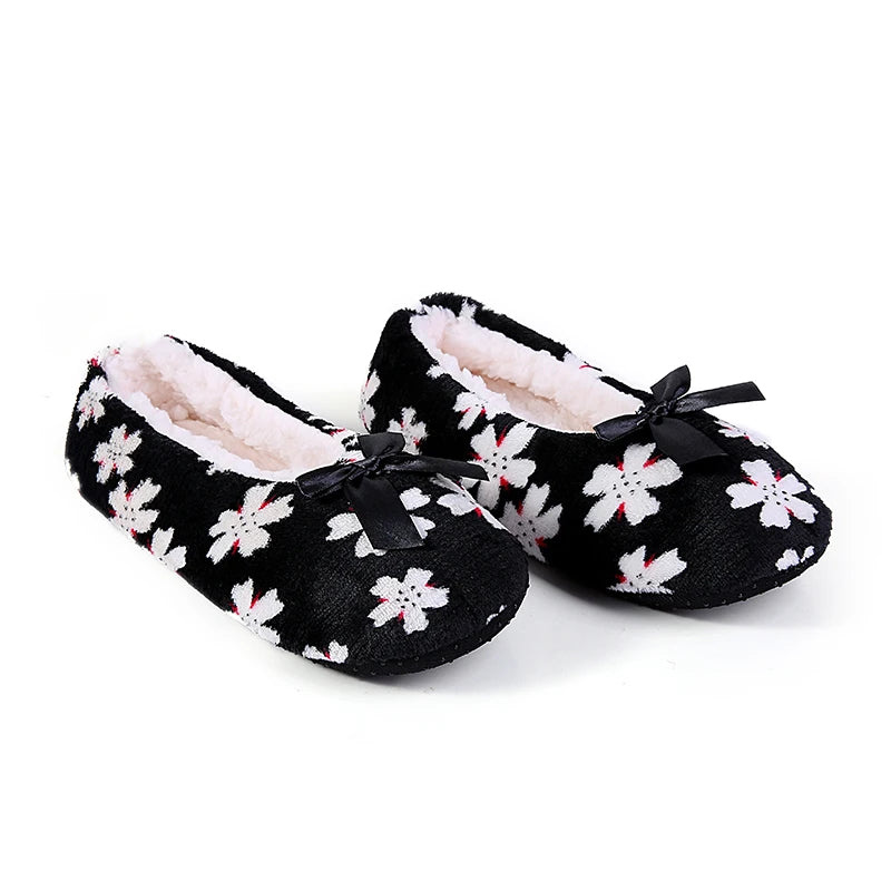 Mntrerm Women's Warm Cotton Slippers with Non-Slip Sole, Plush Indoor Shoes with Bow Tie Dots