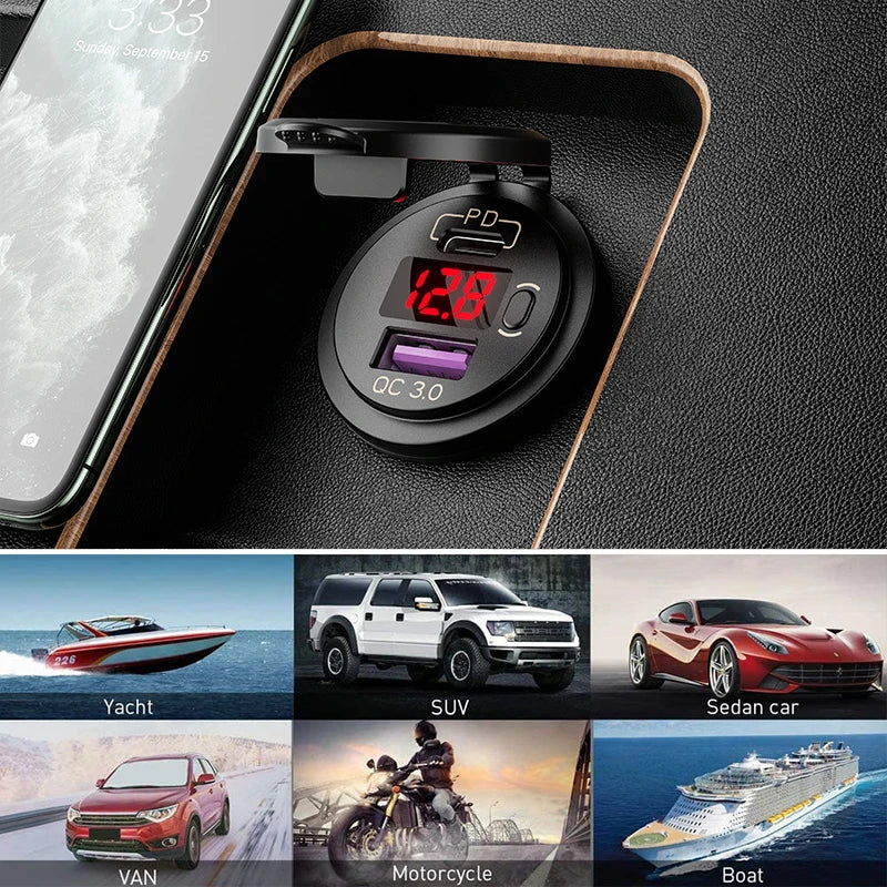 Car USB Charger with QC3.0 PD Type C and Switch Socket - for 12V/24V Vehicles, Boat, Motorcycle, SUV, Bus, Truck, Caravan, Marine