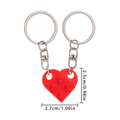 Love Heart Building Block Keychains - Matching Couple and Friendship Key Rings, Separable Brick Heart Gift