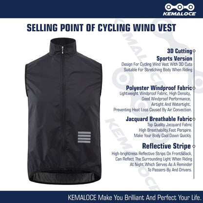 KEMALOCE 2023 Cycling Vest - Navy Blue Windproof Sleeveless Bicycle Gilet, Lightweight MTB Sports Wind Vest for Men