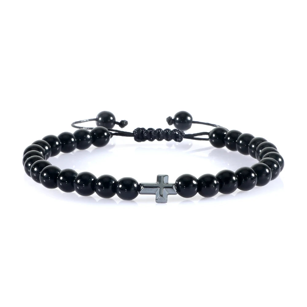 Natural Stone Bead Cross Bracelet - 6mm Braided Christian Prayer Jewelry with Jesus Charm for Men & Women