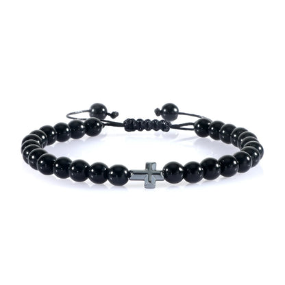 Natural Stone Bead Cross Bracelet - 6mm Braided Christian Prayer Jewelry with Jesus Charm for Men & Women