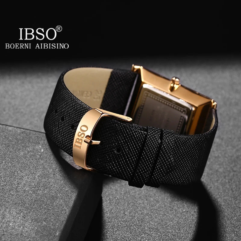 IBSO Ultra-Thin Rectangle Dial Men's Quartz Watch – Luxury Business Style, Genuine Leather Strap, Waterproof