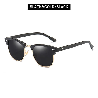 Classic Half Frame Polarized Sunglasses – Retro Rivet Design for Men & Women, Anti-Glare Black Travelling Shades