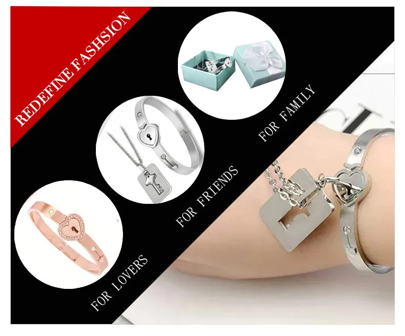 Couple Jewelry Set – Stainless Steel Love Heart Lock Bracelets & Key Pendant Necklace for Men & Women Gift
