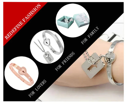 Couple Jewelry Set – Stainless Steel Love Heart Lock Bracelets & Key Pendant Necklace for Men & Women Gift
