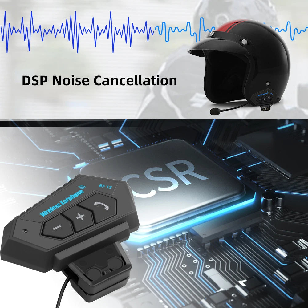 BT12 Motorcycle Helmet Headset - Stereo Bluetooth Earphone, Wireless Hands-Free Mic & Music Player for Motorbike Riders