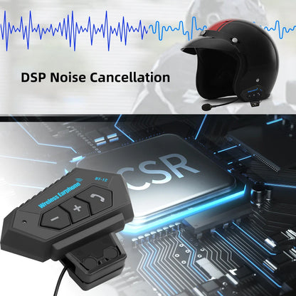 BT12 Motorcycle Helmet Headset - Stereo Bluetooth Earphone, Wireless Hands-Free Mic & Music Player for Motorbike Riders