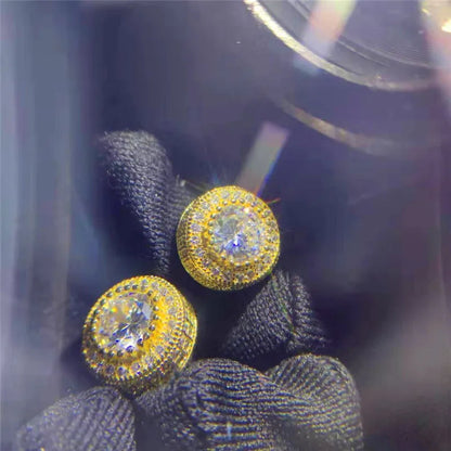 Austrian Crystal Round Stud Earrings - White Zircon Gold Tone Hip Hop Wedding Jewelry for Women