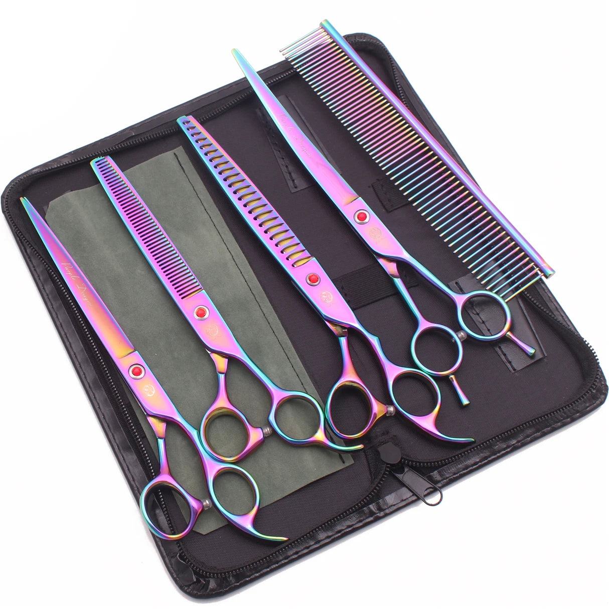 8-inch Purple Dragon Japan 440C Dog Grooming Scissors – Curved Chunker & Thinning Shears with Case (Model Z3015)