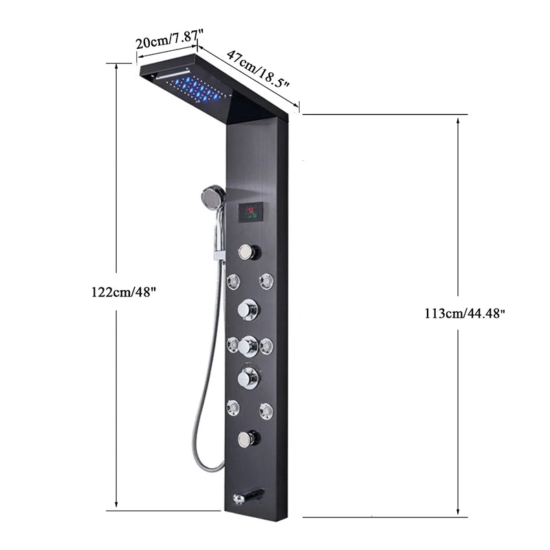 Brushed Nickel Bathroom Shower Column - Wall-Mounted Black LED Shower Panel with Digital Screen, 6 Modes & Rainfall Mixer Tap