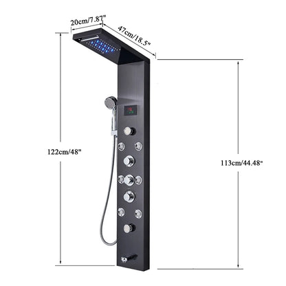 Brushed Nickel Bathroom Shower Column - Wall-Mounted Black LED Shower Panel with Digital Screen, 6 Modes & Rainfall Mixer Tap