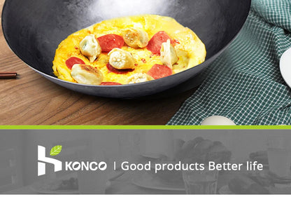 Hand Forged Household Iron Wok, Pure Iron Pan with Wooden Handle, Non-Coating, Non-Stick, for Gas Cooker
