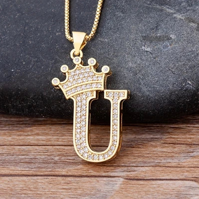 Nidin Luxury A-Z Crown Alphabet Pendant – Copper Zircon Initial Necklace Chain, Hip-Hop Style Jewelry for Men & Women