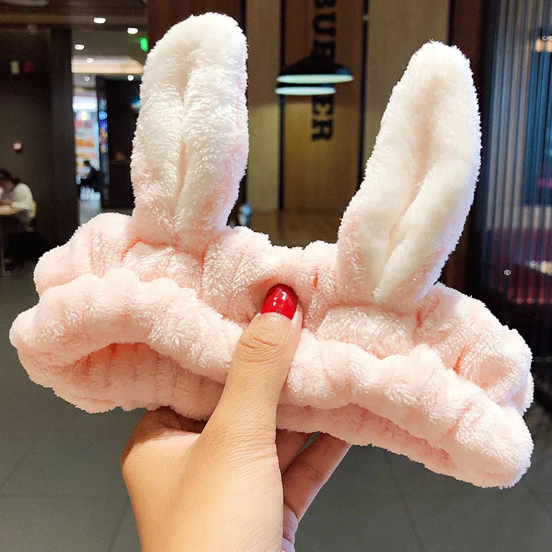 Soft Coral Fleece Bow Headband – Wash Face Hair Holder with Animal Ears for Women & Girls