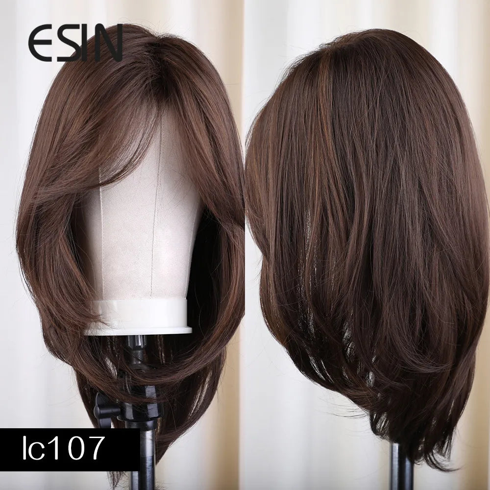 ESIN Synthetic Dark Brown Wig for Women - Long Wavy Wig with Bangs, Heat Resistant for Party & Daily Use