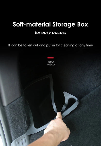 Futhope Car Trunk Side Storage Box for Tesla Model Y 2018-2024 – Hollow Cover Organizer with Flocking Mat & Partition Board