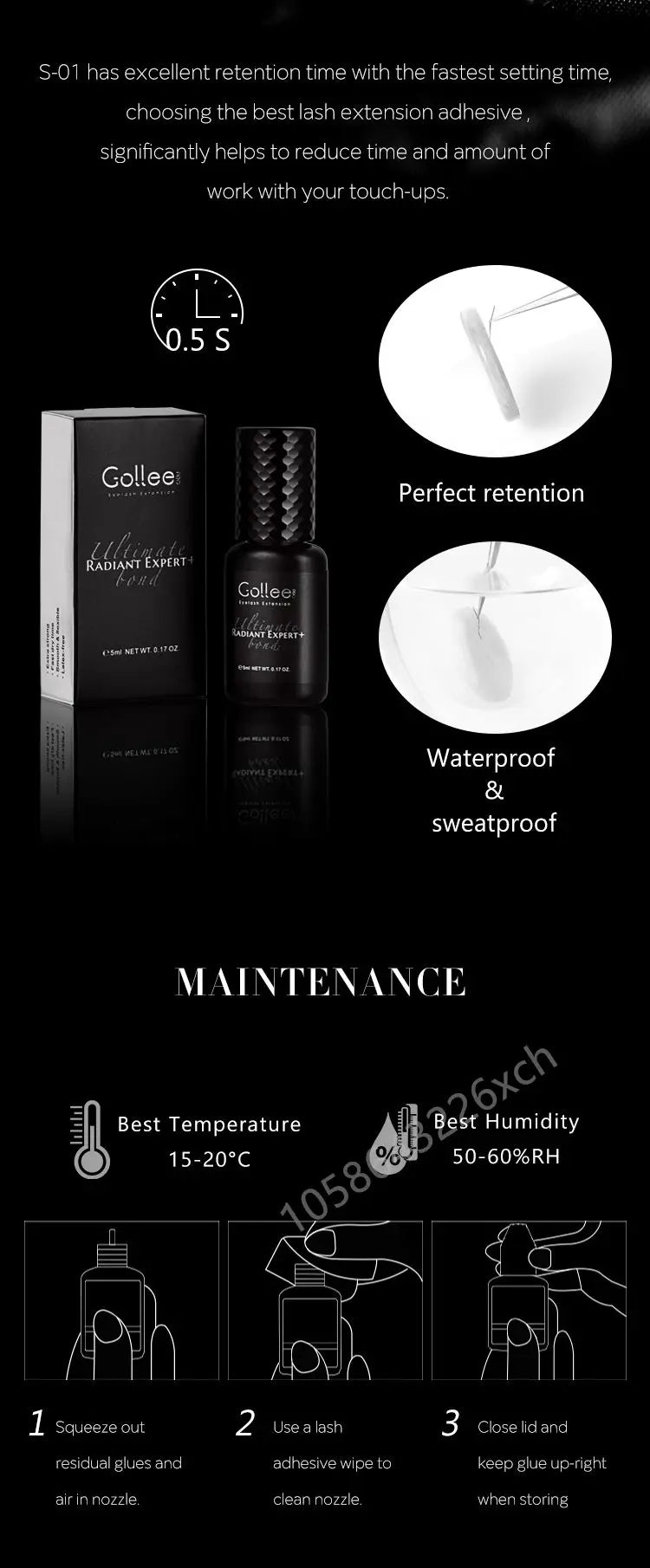 Gollee 0.5s Fast-Drying Eyelash Extension Glue – Waterproof Professional Adhesive for Salon Lashes