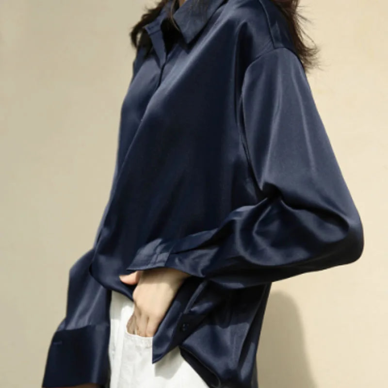 Elegant Satin Women’s Shirt — Loose Vintage Blouse with Turn-Down Collar for Spring & Autumn