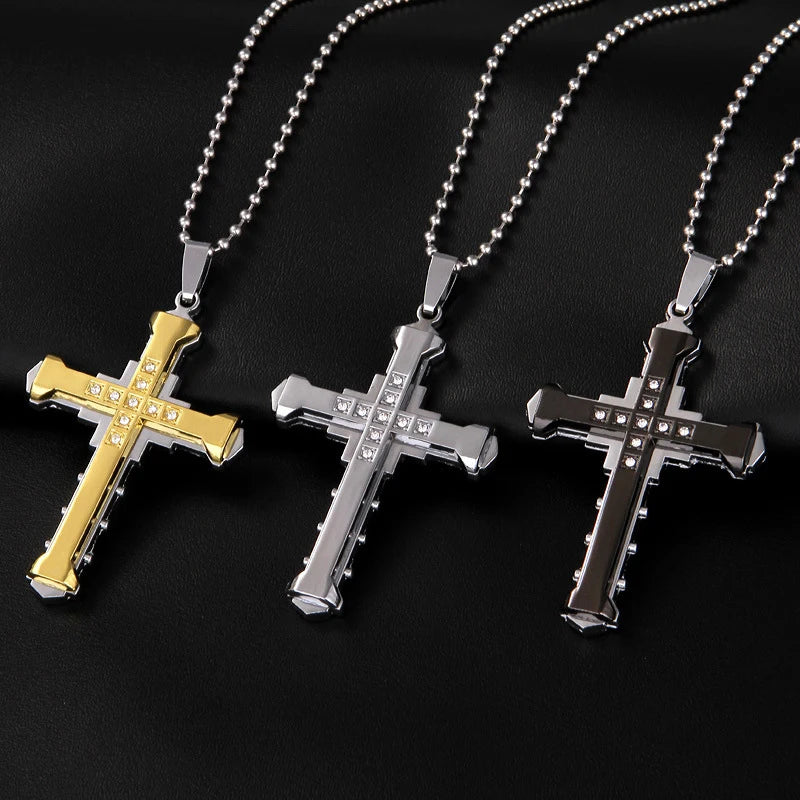 SUMENG 2025 Crystal Cross Jesus Pendant Necklace – Stainless Steel Gold/Black/Blue Zirconia Religious Jewelry for Men, Fashion Christian Gift