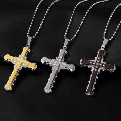 SUMENG 2025 Crystal Cross Jesus Pendant Necklace – Stainless Steel Gold/Black/Blue Zirconia Religious Jewelry for Men, Fashion Christian Gift