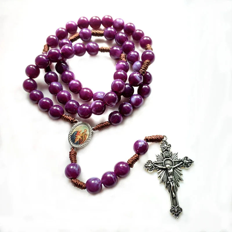 QIGO Vintage Acrylic Rosary Necklace – Brown Catholic Jesus Cross Pendant with Rope Weave Chain, Religious Jewelry for Men & Women