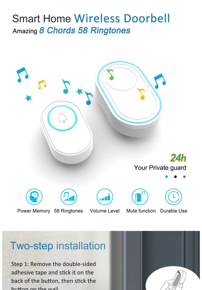 Intelligent Wireless Doorbell – Waterproof Smart Doorbell with 300m Remote Range, EU/UK/US Plug Options, Home Welcome Chime