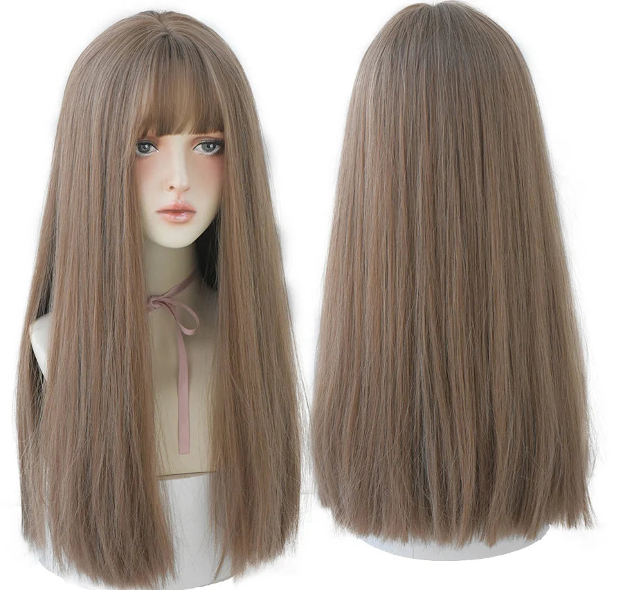 7JHHWIGS Long Straight Light Brown Synthetic Wig with Bangs – Heat-Resistant Daily Wear Wig for Women