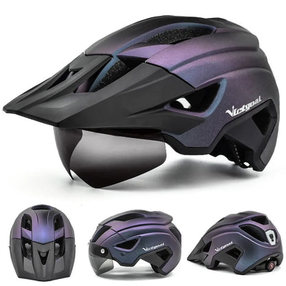 VICTGOAL LED Bike Helmet – Rechargeable Men’s Cycling Helmet with Sun Goggle Visor & Sunglasses Shield for Road & MTB Cycling