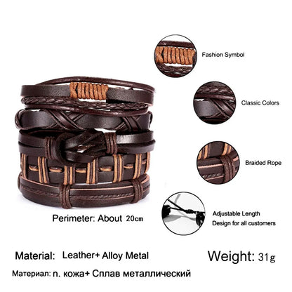 Men's Vintage Multilayer Leather Braid Bracelet - Handmade Star, Leaf & Owl Rope Wrap Bangle, Male Gift Jewelry