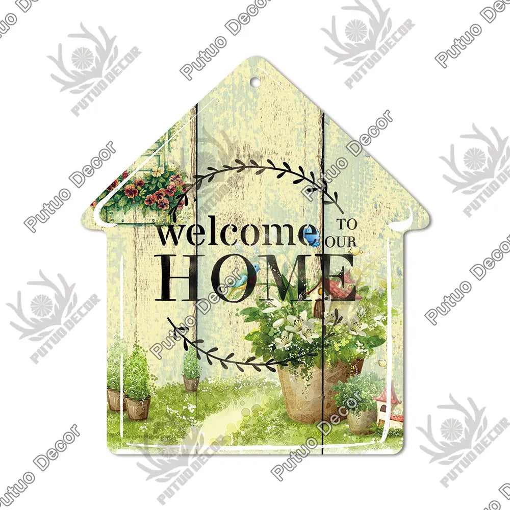 Putuo Decor Welcome House Shaped Wooden Sign – Rustic Hanging Plate for Home, Living Room Wall Decor