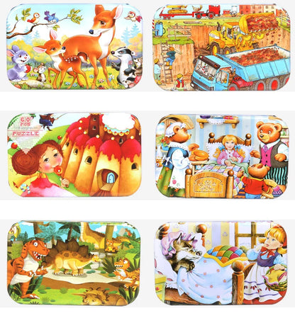 60PCS Wooden Puzzle Toys – Cartoon Vehicle & Animal Jigsaw for Kids’ Learning & Educational Play