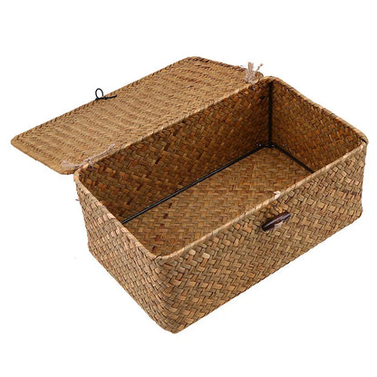 Rectangular Hand-Woven Rattan Wicker Storage Basket - Desktop Organizer for Sundries and Clothes Container