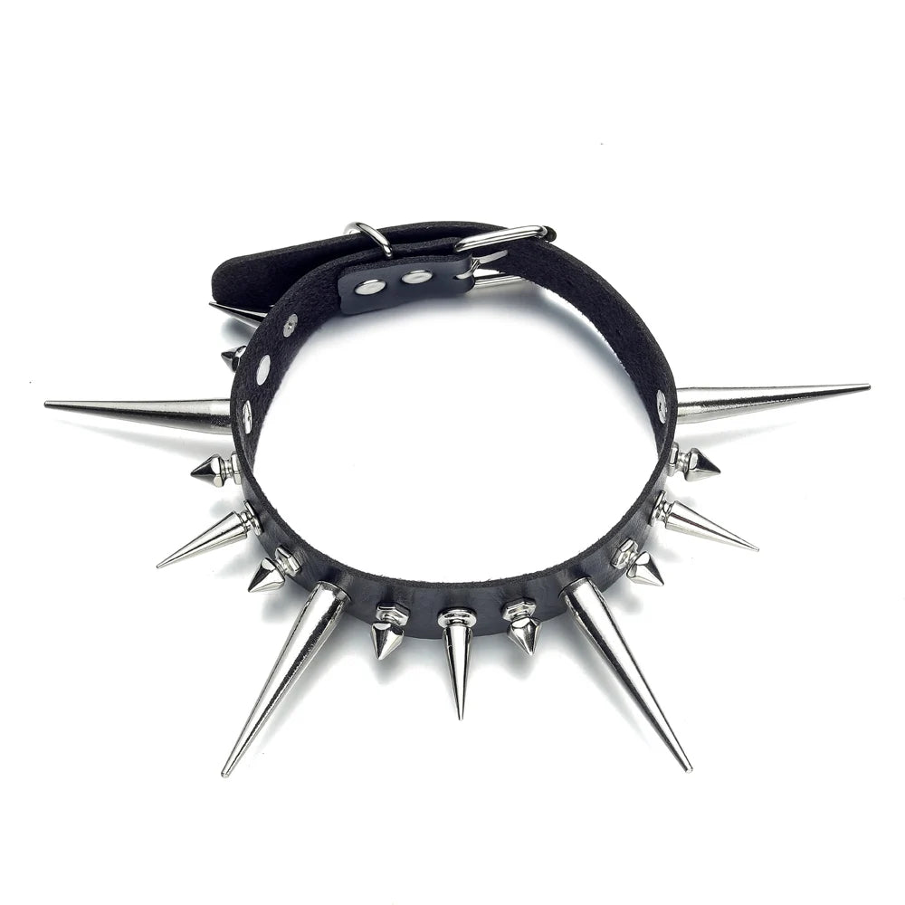 Punk Long Spike Choker – Studded Faux Leather Collar for Men & Women, Goth Rivet Necklace