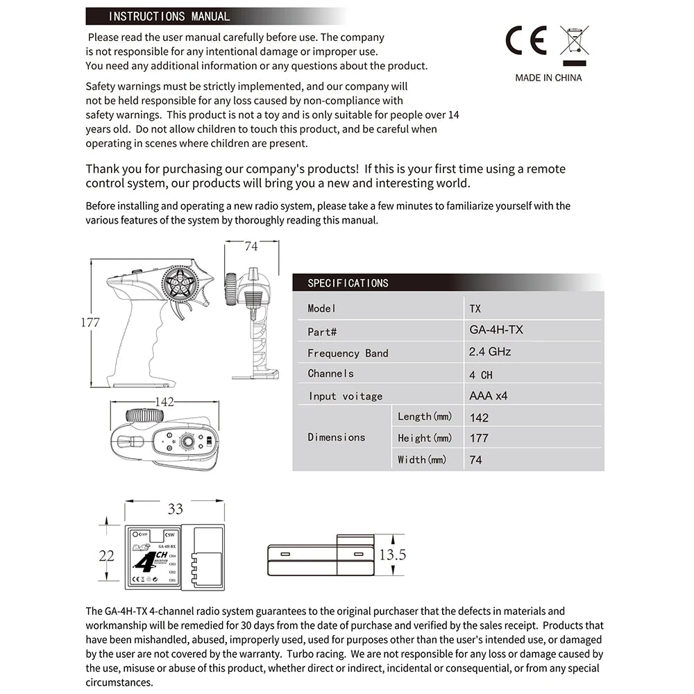 TX4 2.4GHz 4CH Radio Transmitter Controller with Receiver for RC Car and Boat Remote Control System