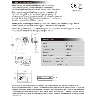 TX4 2.4GHz 4CH Radio Transmitter Controller with Receiver for RC Car and Boat Remote Control System