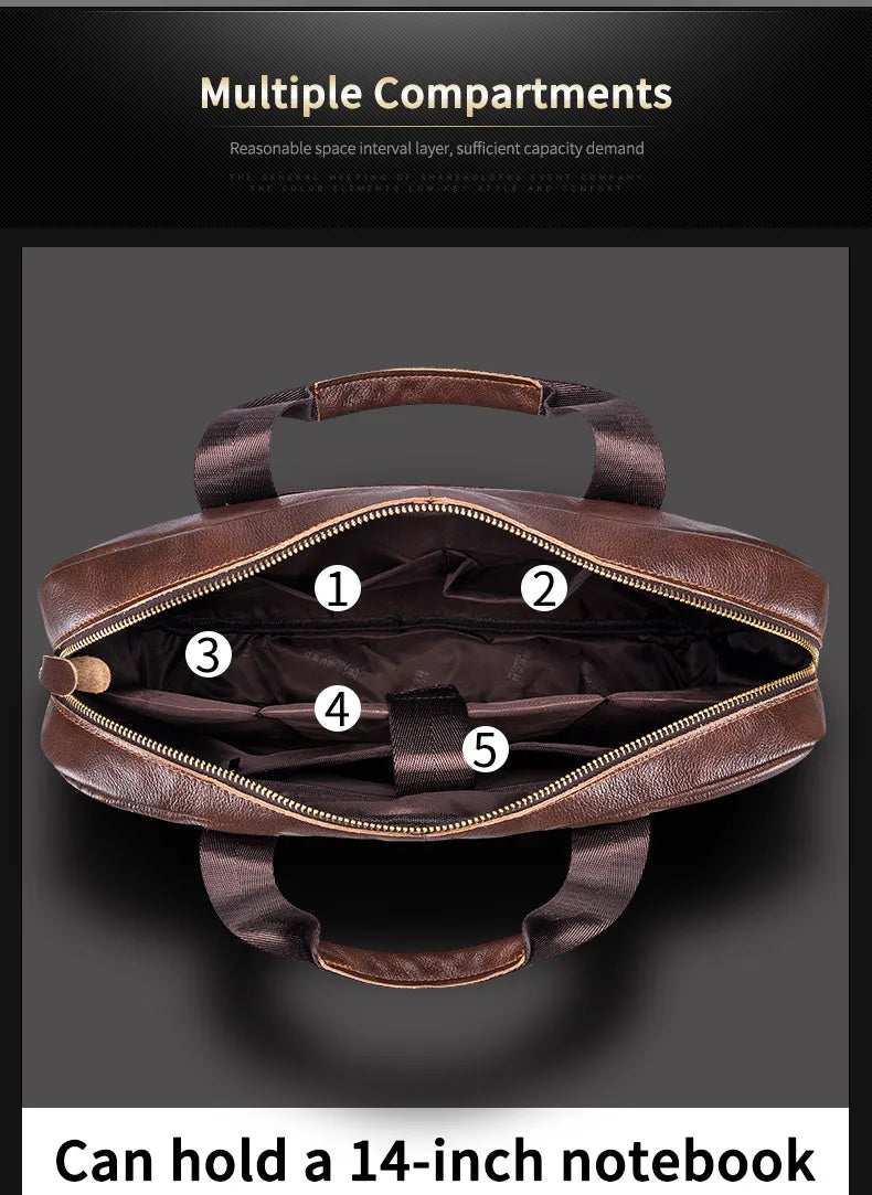 BULLCAPTAIN Men's Genuine Leather Briefcase – 14-Inch Laptop Shoulder Messenger Bag for Business & Office