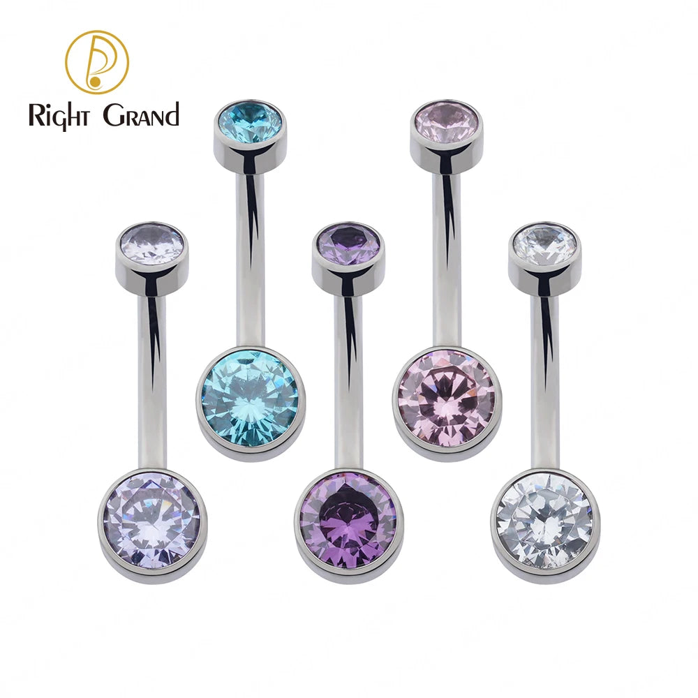 Right Grand ASTM F136 Titanium Belly Button Ring - 14G Internally Threaded Navel Piercing with Clear Zircon Bezel Body Jewelry