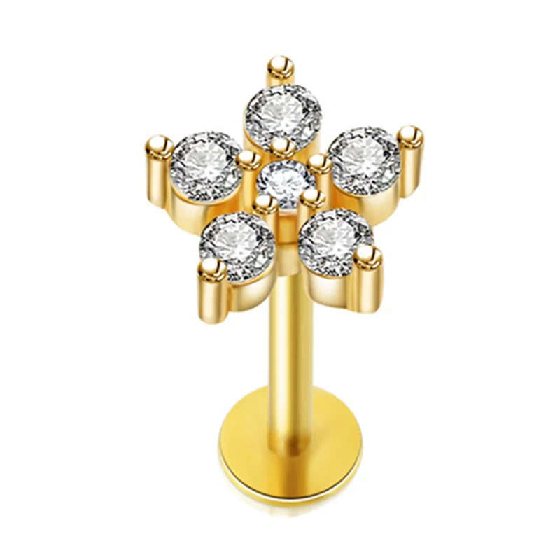 Crystal Flower Tragus Piercing Earring – 16G Cross Cartilage, Helix, Conch, Rook, Lobe & Labret Stud Jewelry