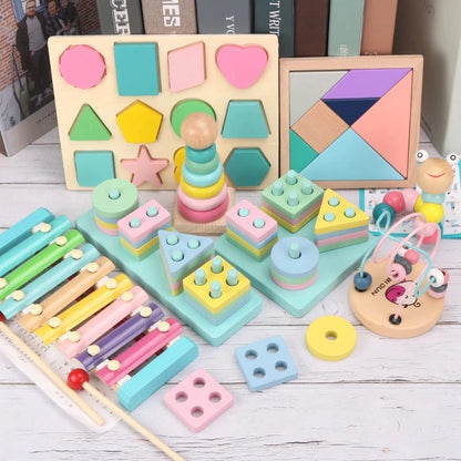 Hot Kids Montessori Wooden Toys – Macaron Blocks Learning Set, Baby Music Rattles & Colorful Educational Blocks